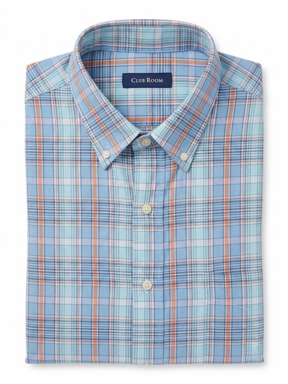 Club Room Men’s Blue Plaid Button-Down Shirt | 100% Cotton | Large